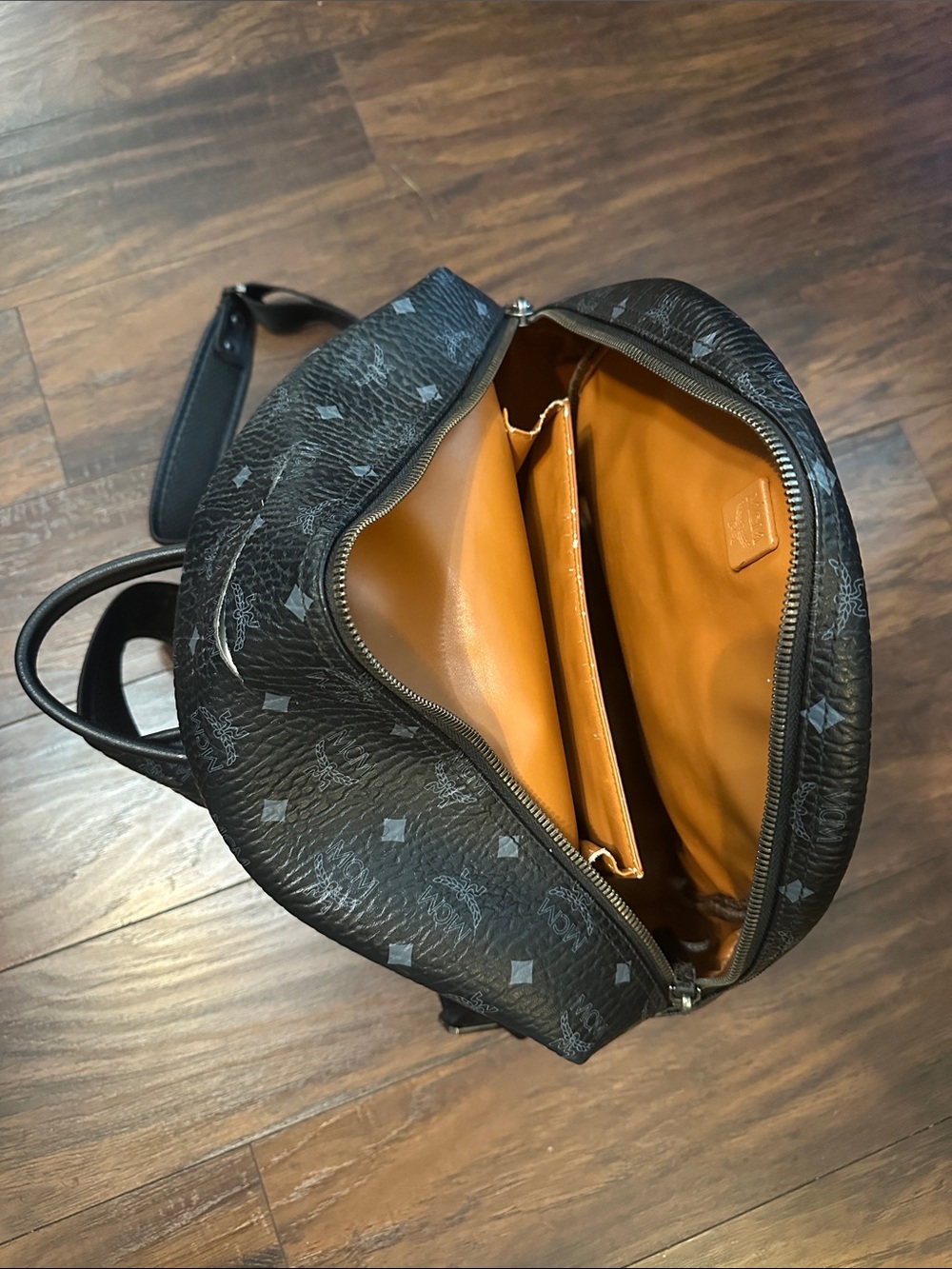 MCM Black Monogram Backpack with Cognac Interior
